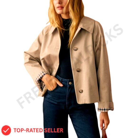 Jackets & Blazers - Oversized Trench Coat with Plaid Lining Lapel Casual Crop Jacket